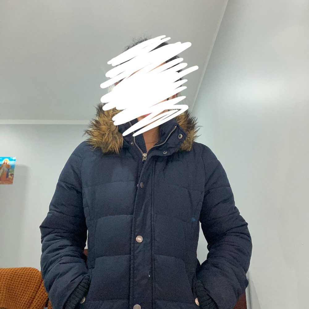 Abercrombie & Fitch Navy Puffer Jacket with Faux Fur Hood